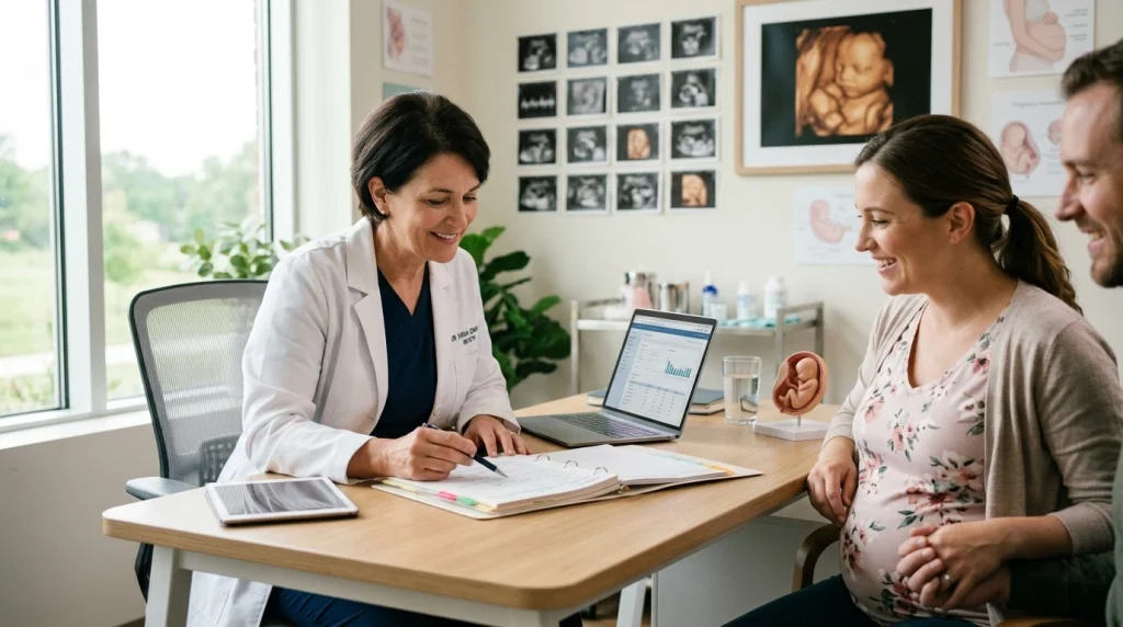 Obstetric consultation discussing maternal fetal safety of antiparasitic medications (AI Generated Image)