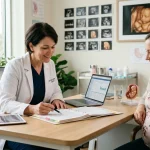 Obstetric consultation discussing maternal fetal safety of antiparasitic medications (AI Generated Image)