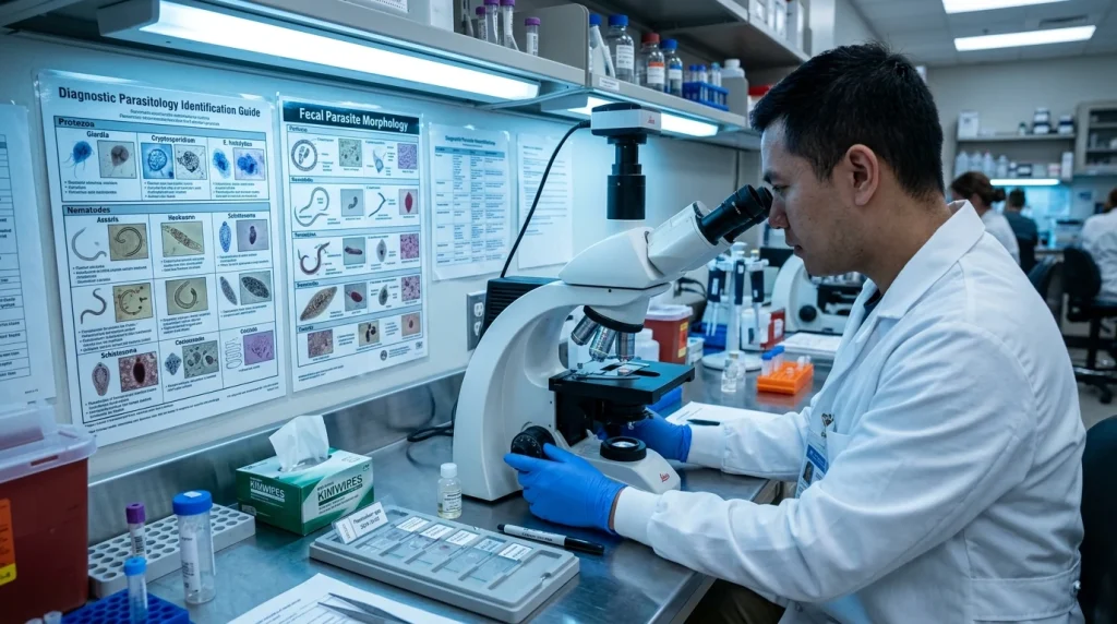 Laboratory microscopic examination of pinworms and antiparasitic treatment (AI Generated Image)