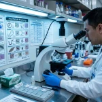 Laboratory microscopic examination of pinworms and antiparasitic treatment (AI Generated Image)