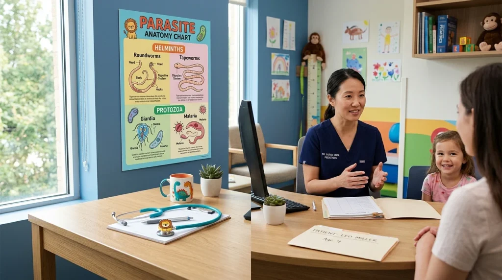 Pediatric clinical consultation regarding pinworm anthelmintic treatment (AI Generated Image)