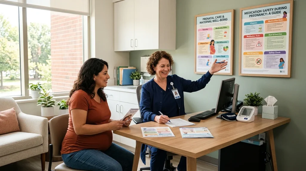Maternal health consultation discussing prescription safety during pregnancy (AI Generated Image)