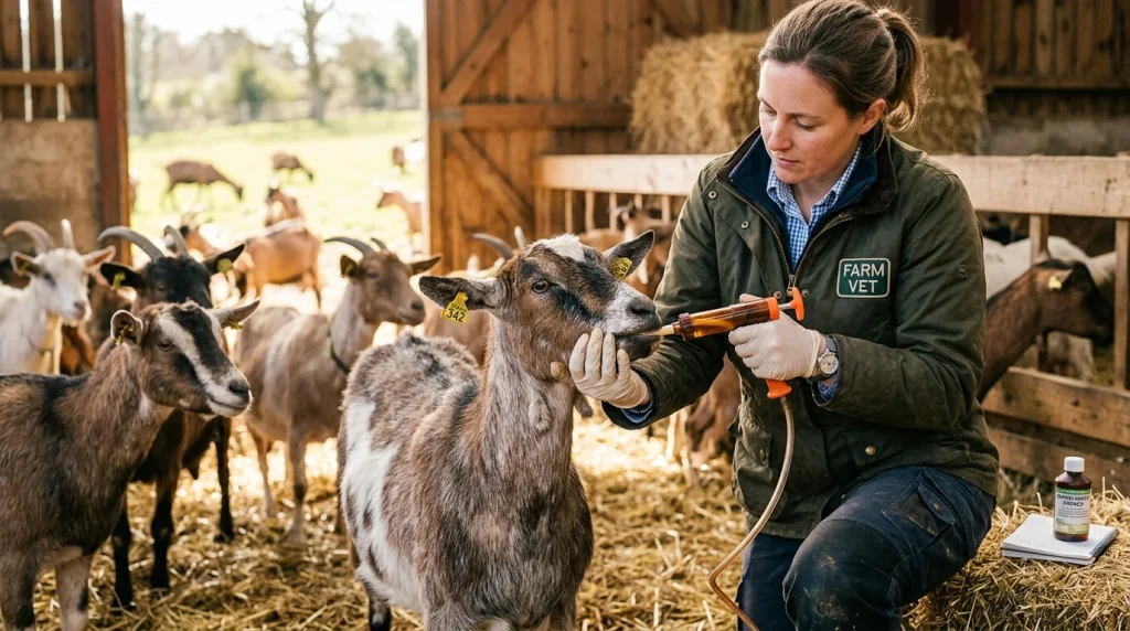 Veterinarian administering oral anthelmintic drench to goats on a livestock farm (AI Generated Image)