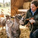 Can Ivermectin Sheep Drench Be Used on Goats? Dosing & Safety Guide | Ivermectin.cat 2 Veterinarian administering oral anthelmintic drench to goats on a livestock farm (AI Generated Image)