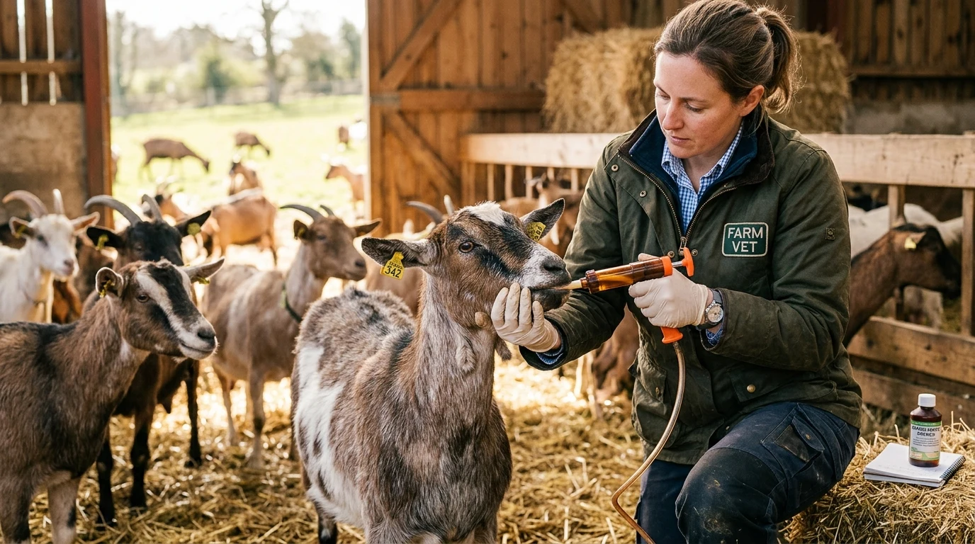 Veterinarian administering oral anthelmintic drench to goats on a livestock farm (AI Generated Image)