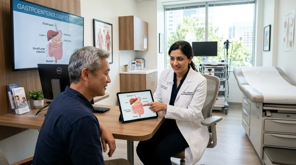 Gastroenterology medical consultation for parasitic gastrointestinal symptoms (AI Generated Image)