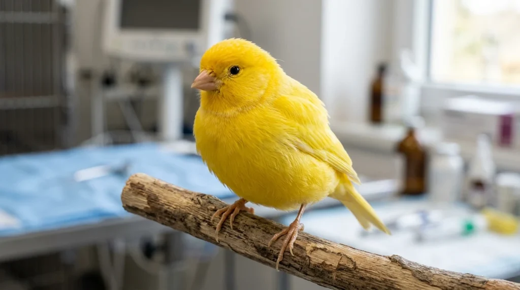 Avian healthcare and topical ivermectin treatment for canaries with air sac mites (AI Generated Image)