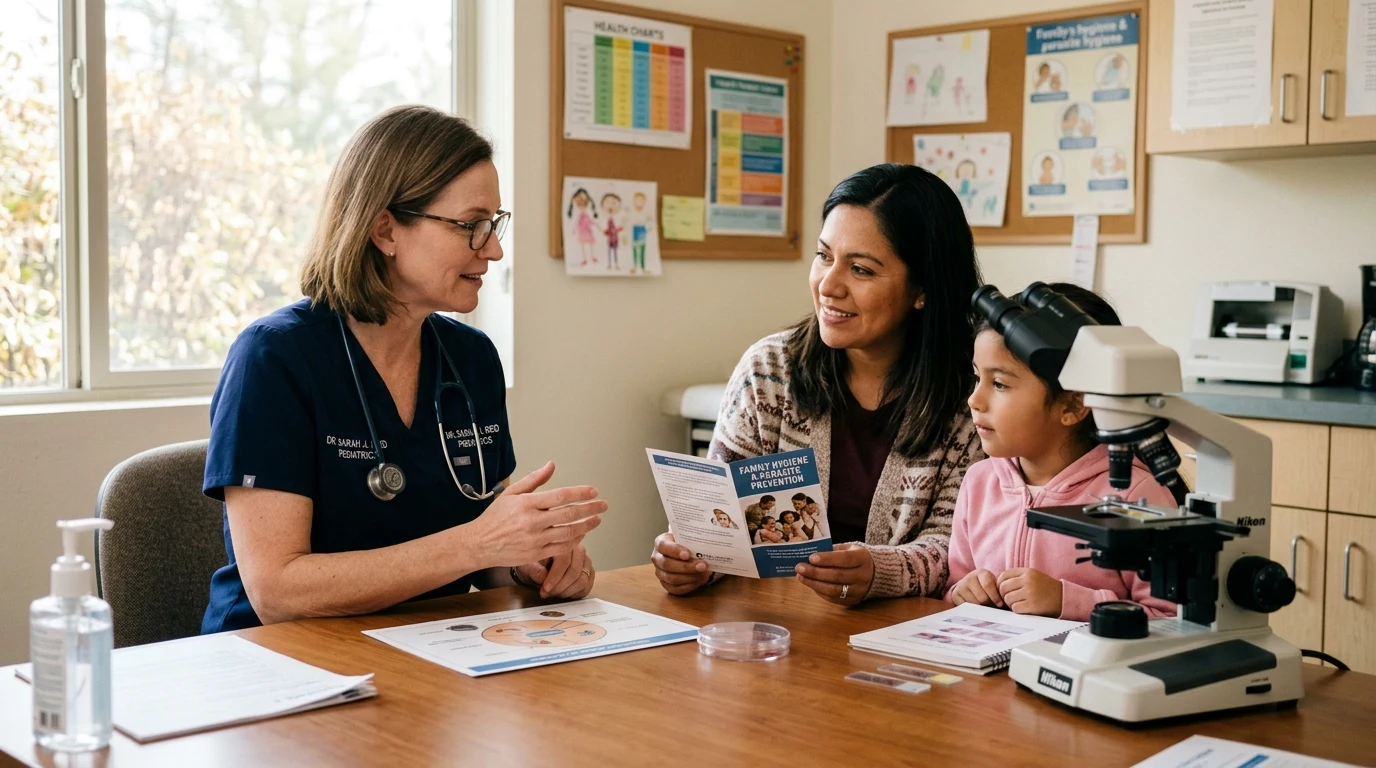 Pediatric consultation regarding pinworm symptoms and antiparasitic medication (AI Generated Image)