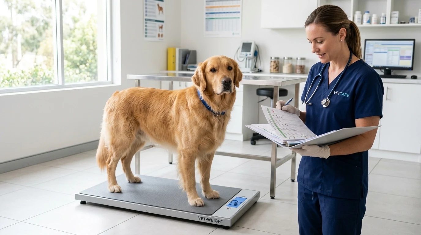 Veterinary weight-based dosing chart and clinical evaluation for dogs (AI Generated Image)