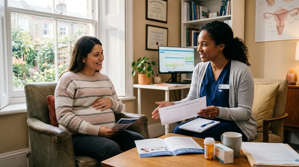 Obstetric consultation discussing oral tablet safety during pregnancy (AI Generated Image)