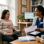 Obstetric consultation discussing oral tablet safety during pregnancy (AI Generated Image)