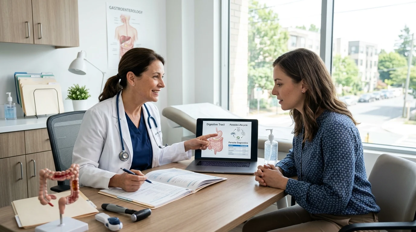Gastroenterologist consulting patient on digestive health and parasite diagnostic tests (AI Generated Image)