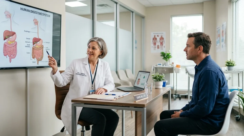 Gastroenterology clinical consultation discussing irritable bowel syndrome and medications (AI Generated Image)