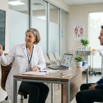 Gastroenterology clinical consultation discussing irritable bowel syndrome and medications (AI Generated Image)