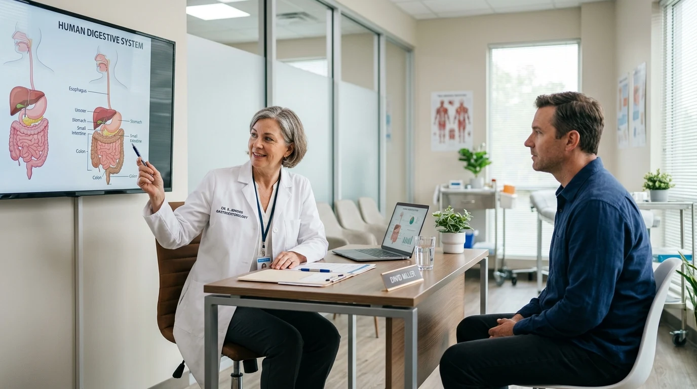 Gastroenterology clinical consultation discussing irritable bowel syndrome and medications (AI Generated Image)