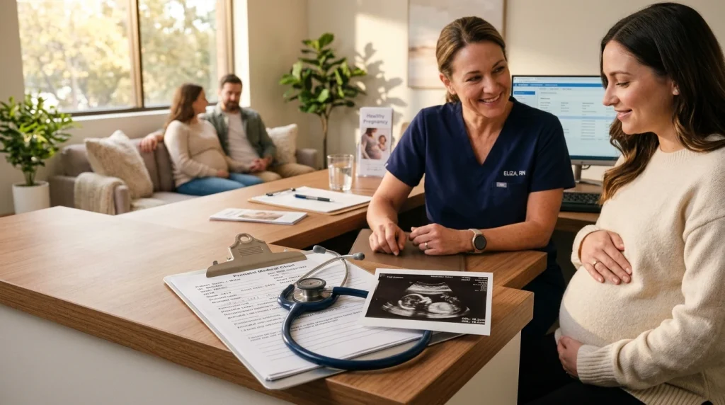 Maternal healthcare consultation discussing fetal safety and prenatal medications (AI Generated Image)