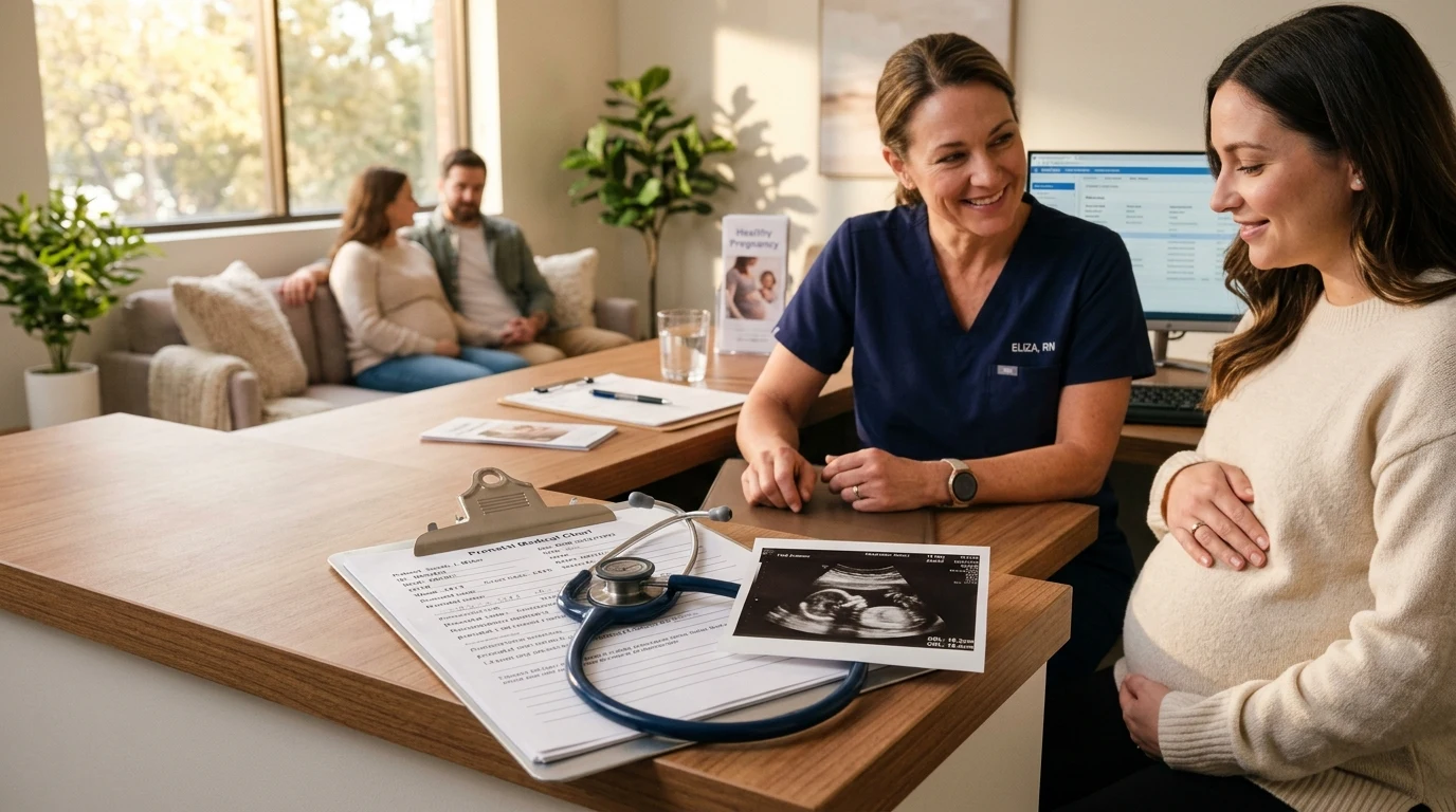 Maternal healthcare consultation discussing fetal safety and prenatal medications (AI Generated Image)